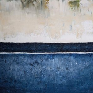 An abstract horizontal painting featuring a heavily textured blue bottom section separated from a cream top section by a dark band.